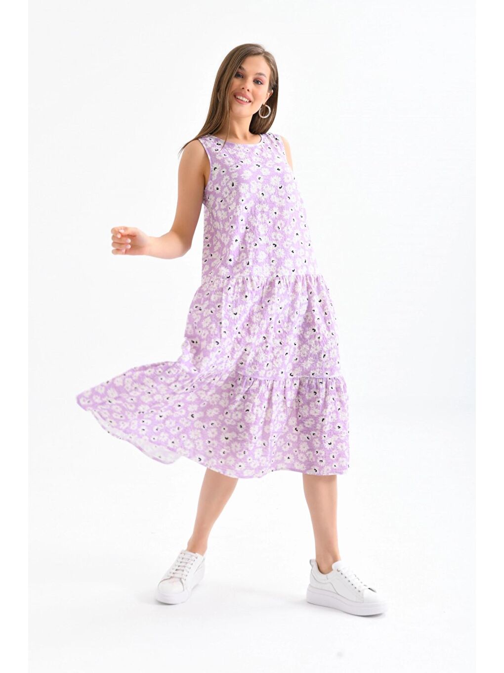 Kadın Lila Papatyalı Uzun Elbise-2