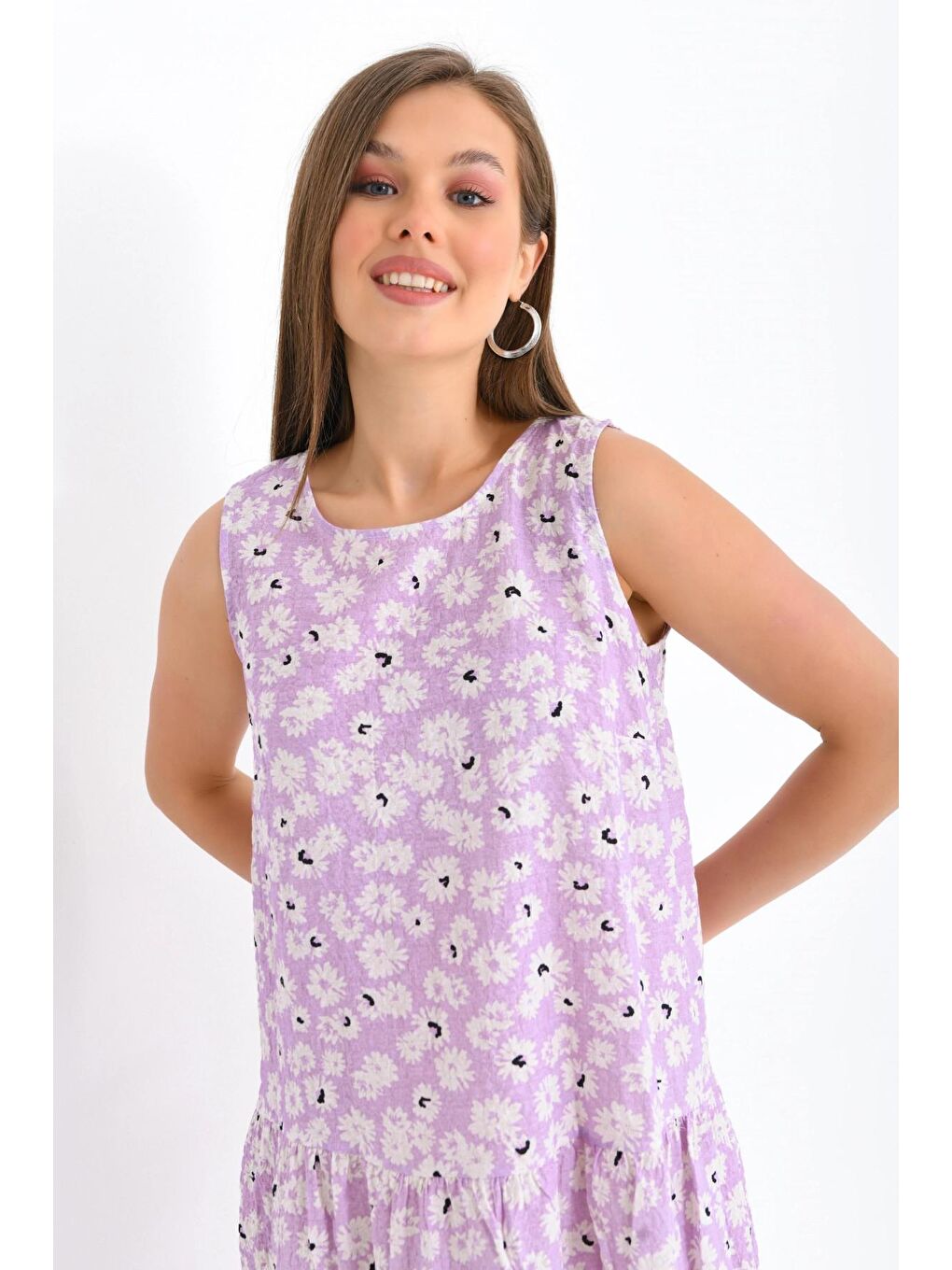 Kadın Lila Papatyalı Uzun Elbise-4