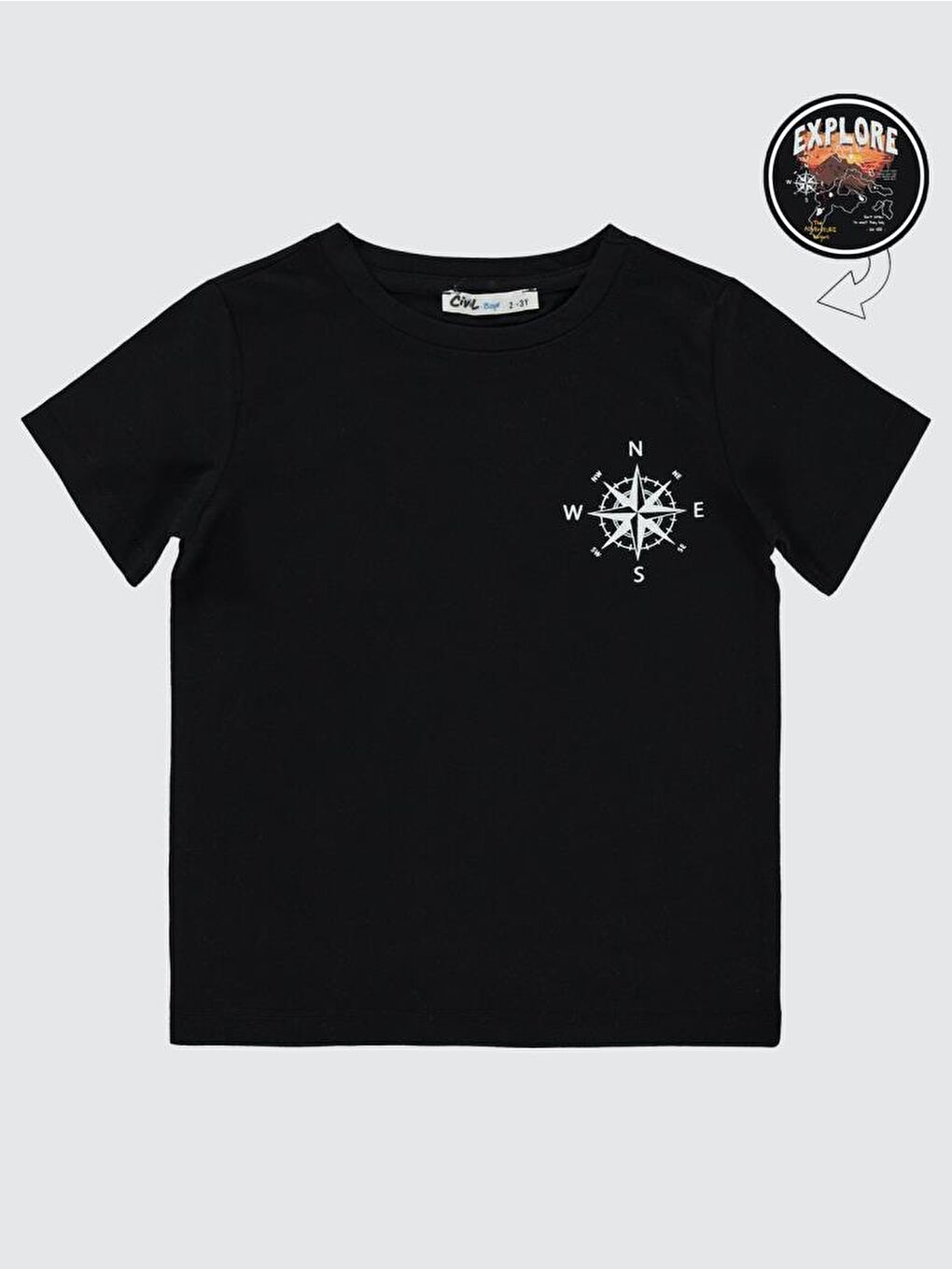 Siyah Boys Explore Baskılı 2-5 Yaş Tişört-1