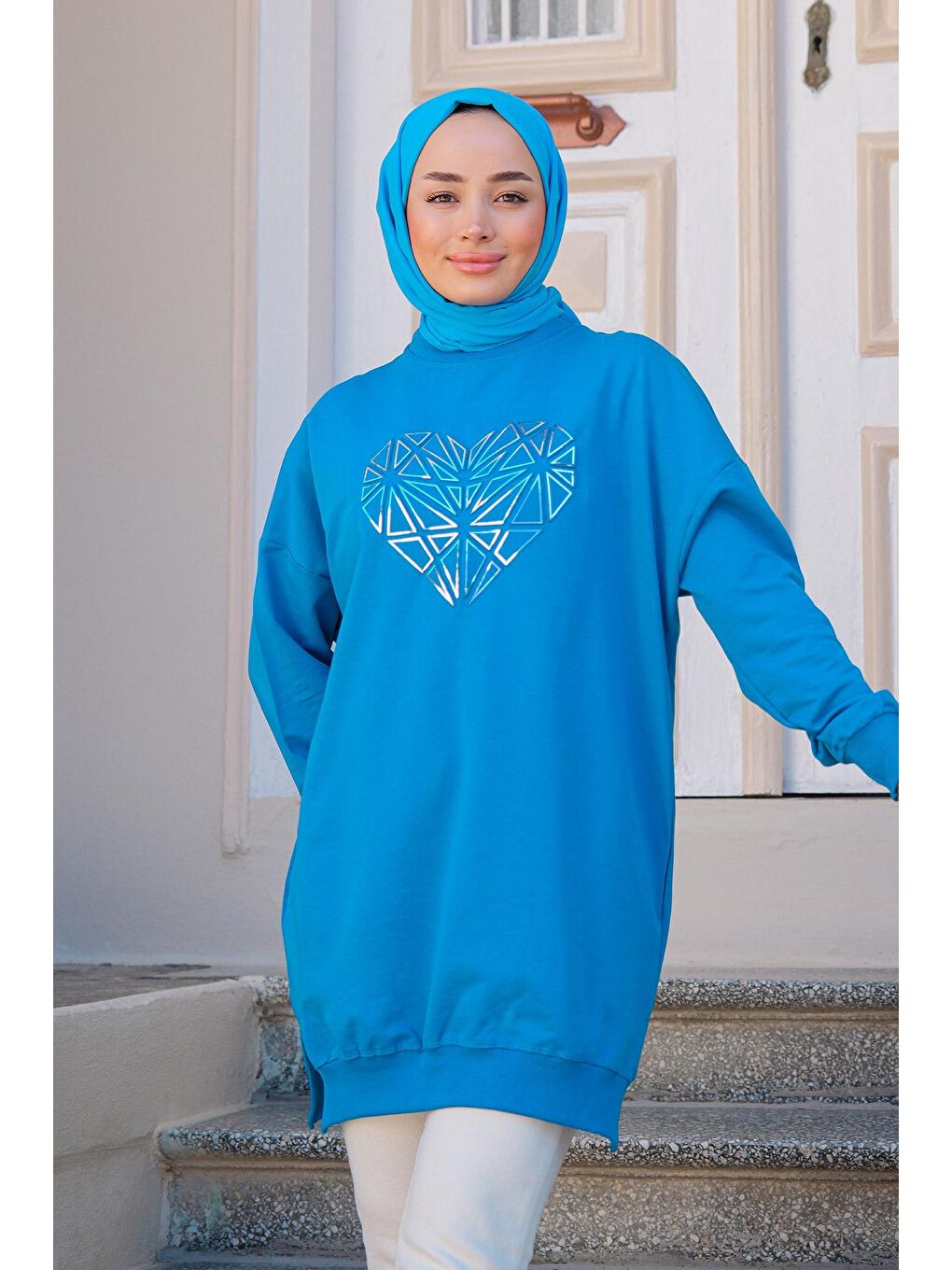 Kadın Gofre Kabartmalı Sweat Mavi