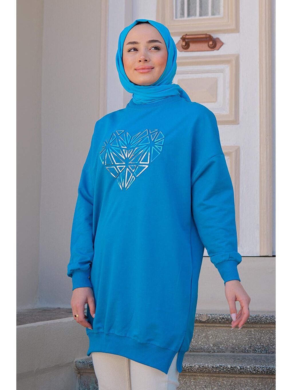 Kadın Gofre Kabartmalı Sweat Mavi-1