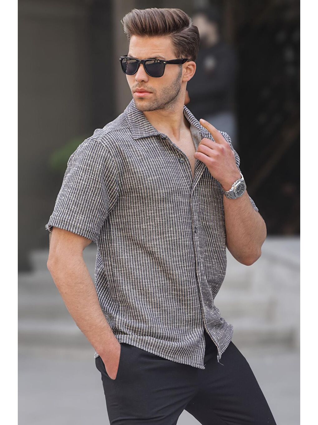 Lacivert Çizgili Kısa Kollu Erkek Gömlek 5595