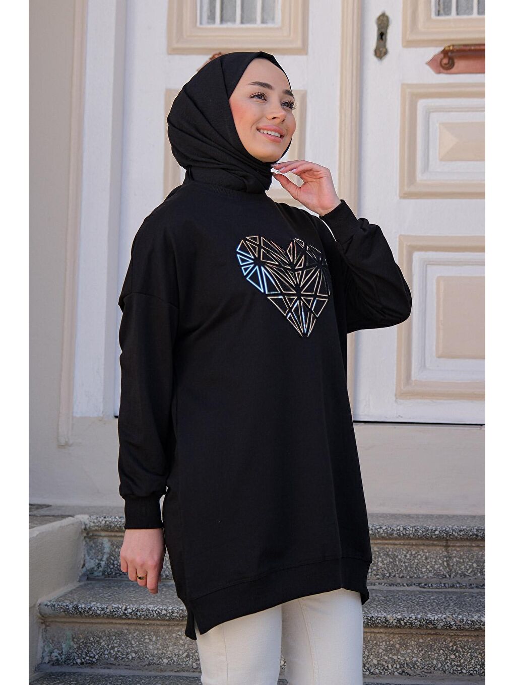 Kadın Gofre Kabartmalı Sweat Siyah-4