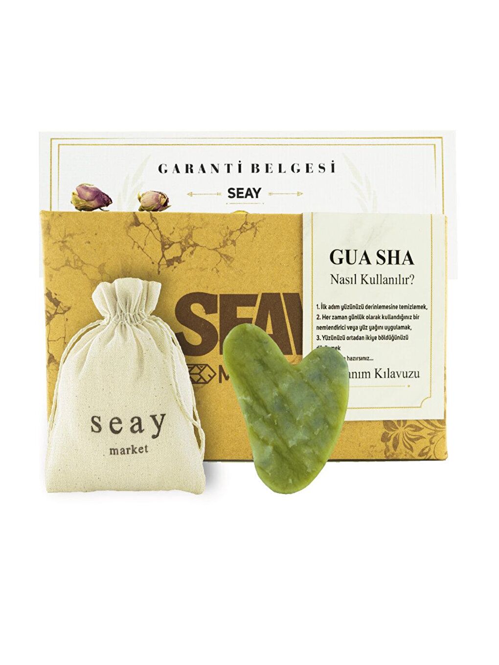 Yeşim Taşı Guasha Yüz Masaj Taşı Gençleştirici Premium Face Gua Sha Premium Keseli