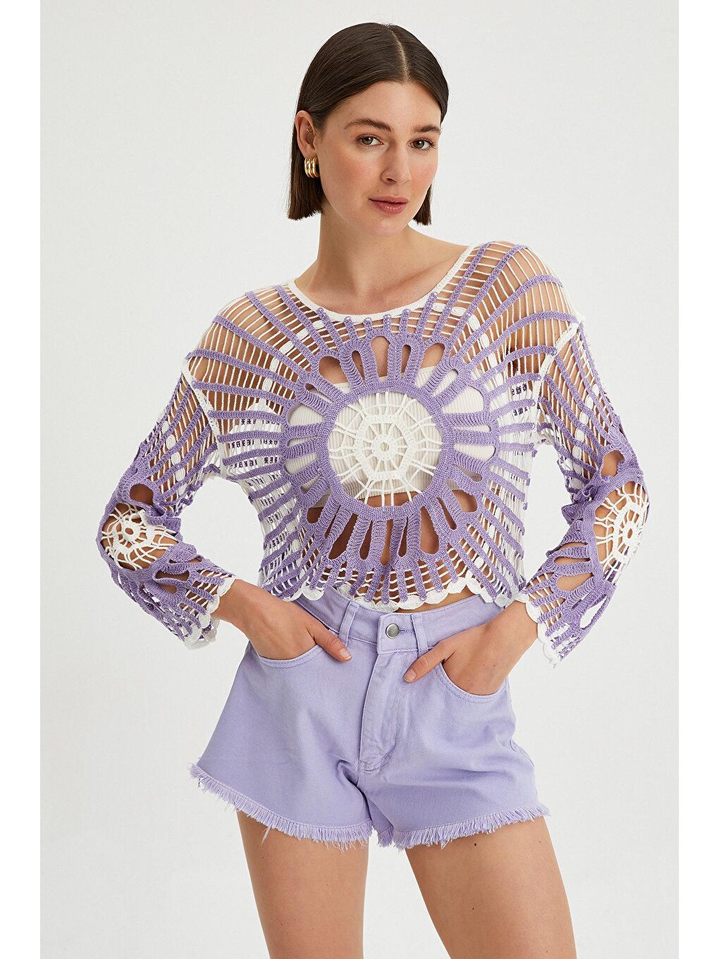 Lila Kadın Püsküllü Kısa Jean Şort