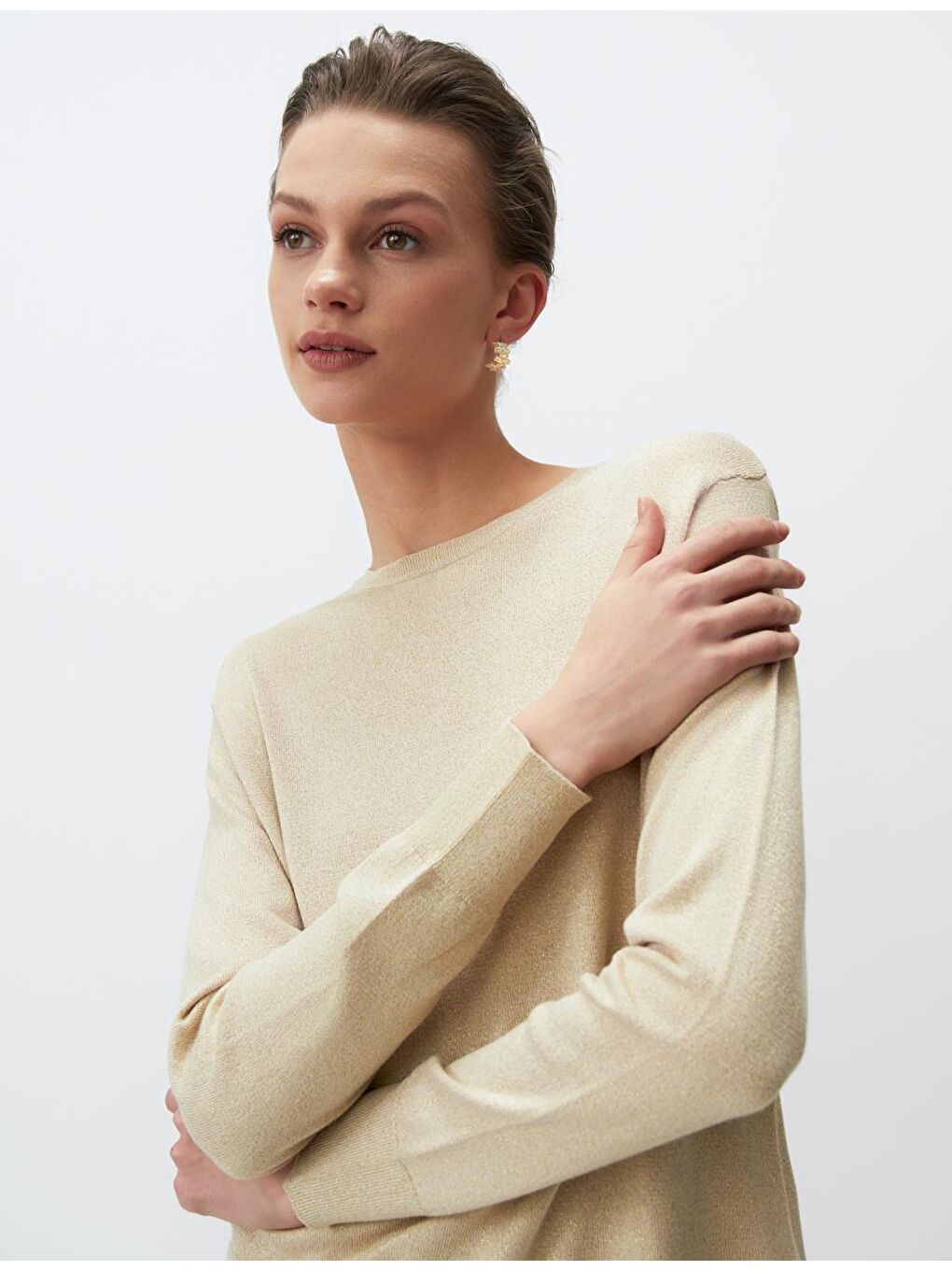 Bej Bisiklet Yaka Basic Triko Kazak-1