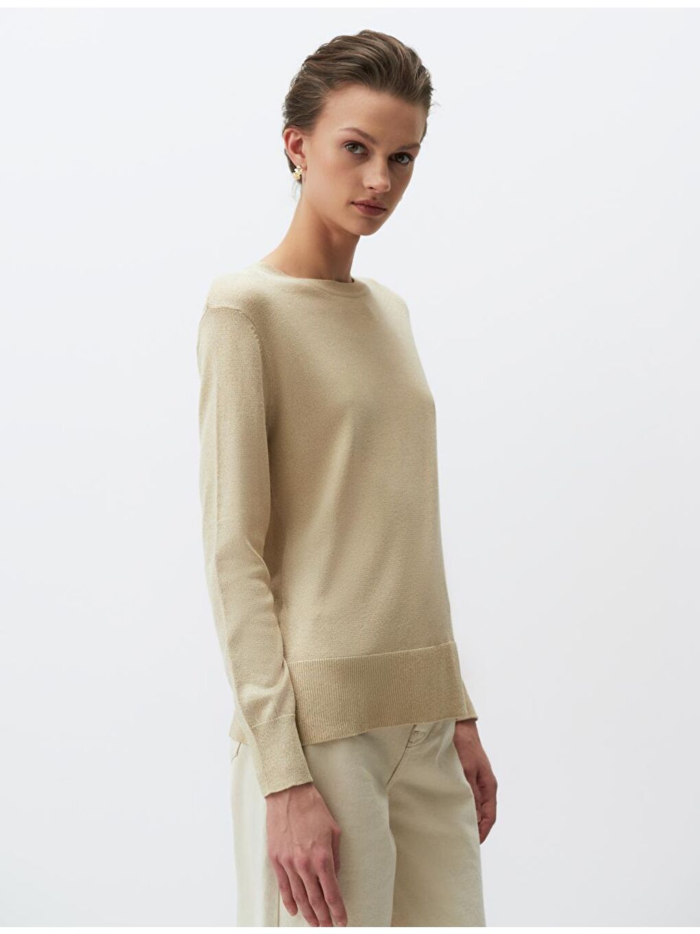 Bej Bisiklet Yaka Basic Triko Kazak-2