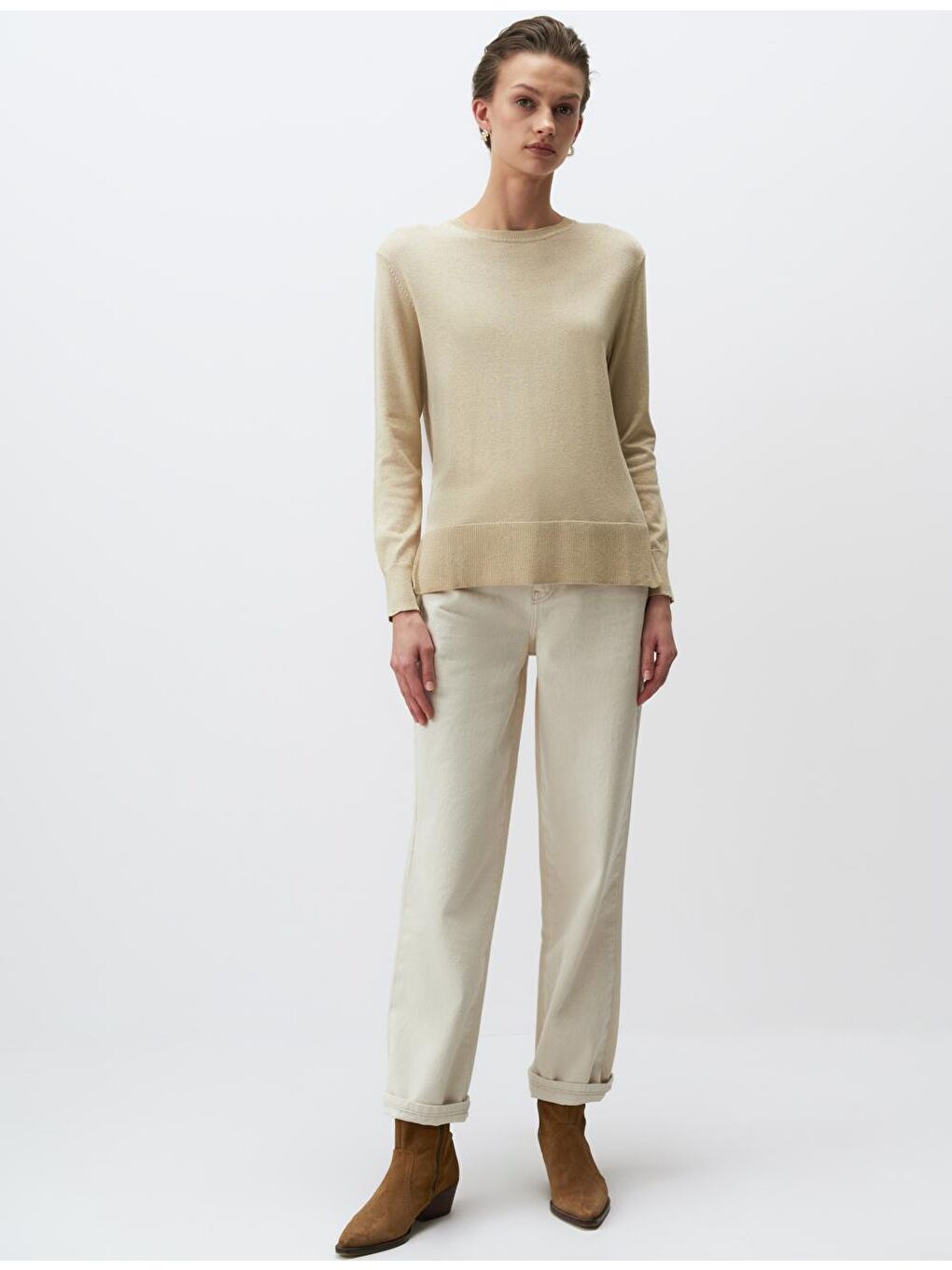 Bej Bisiklet Yaka Basic Triko Kazak-3