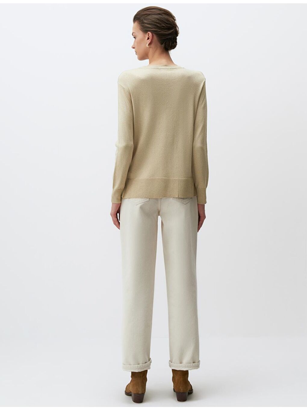 Bej Bisiklet Yaka Basic Triko Kazak-4