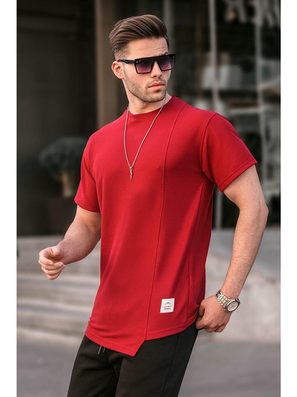 Bordo Regular Fit Asimetrik Kesim Erkek Tişört 6072