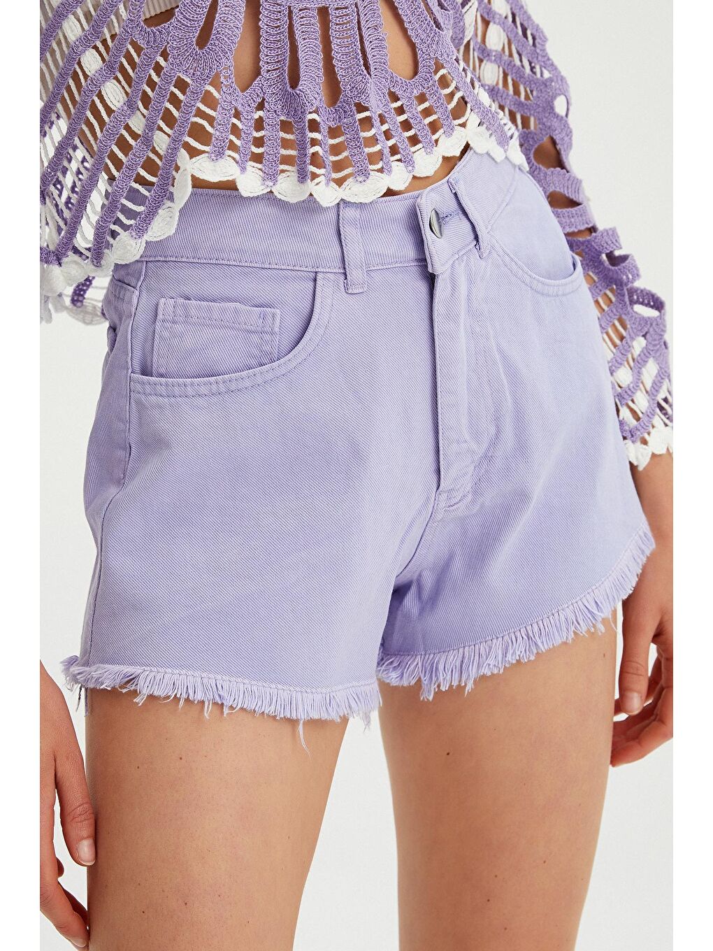 Lila Kadın Püsküllü Kısa Jean Şort-1