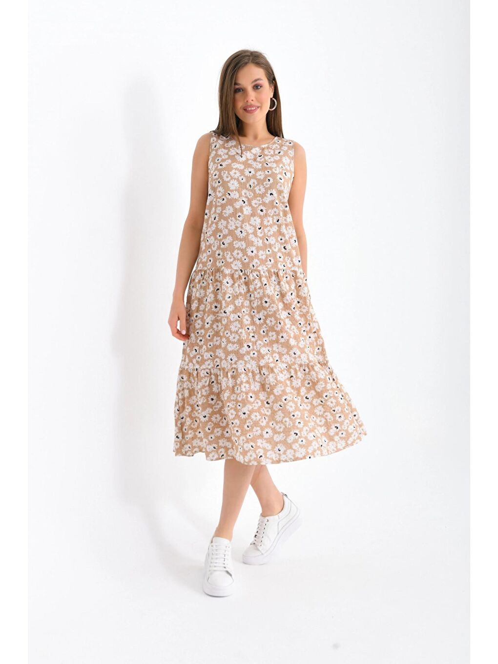 Kadın Bej Rengi Kolsuz Elbise-3