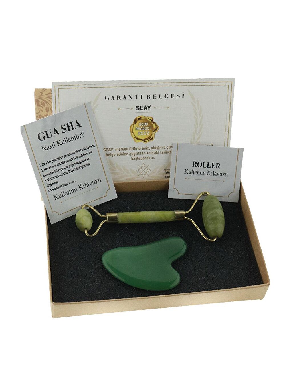 Yeşim Roller Doğaltaş ve Aventurin Kalp Guasha Yüz Masaj Aleti Masaj Taşı Premium