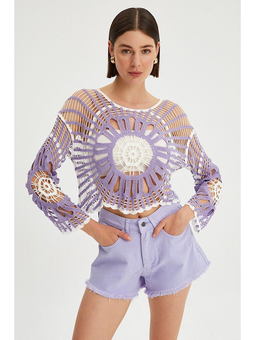 Lila Kadın Püsküllü Kısa Jean Şort-2