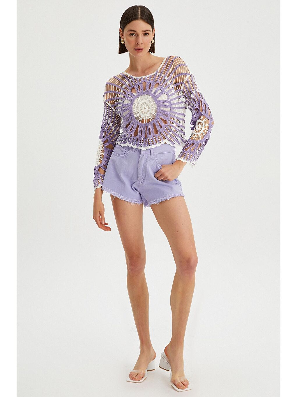 Lila Kadın Püsküllü Kısa Jean Şort-4