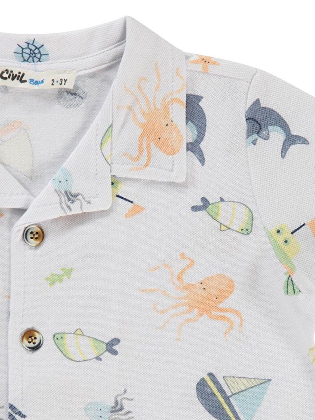 Beyaz Boys Ahtapot Yelkenli Baskılı 2-5 Yaş Gömlek-2