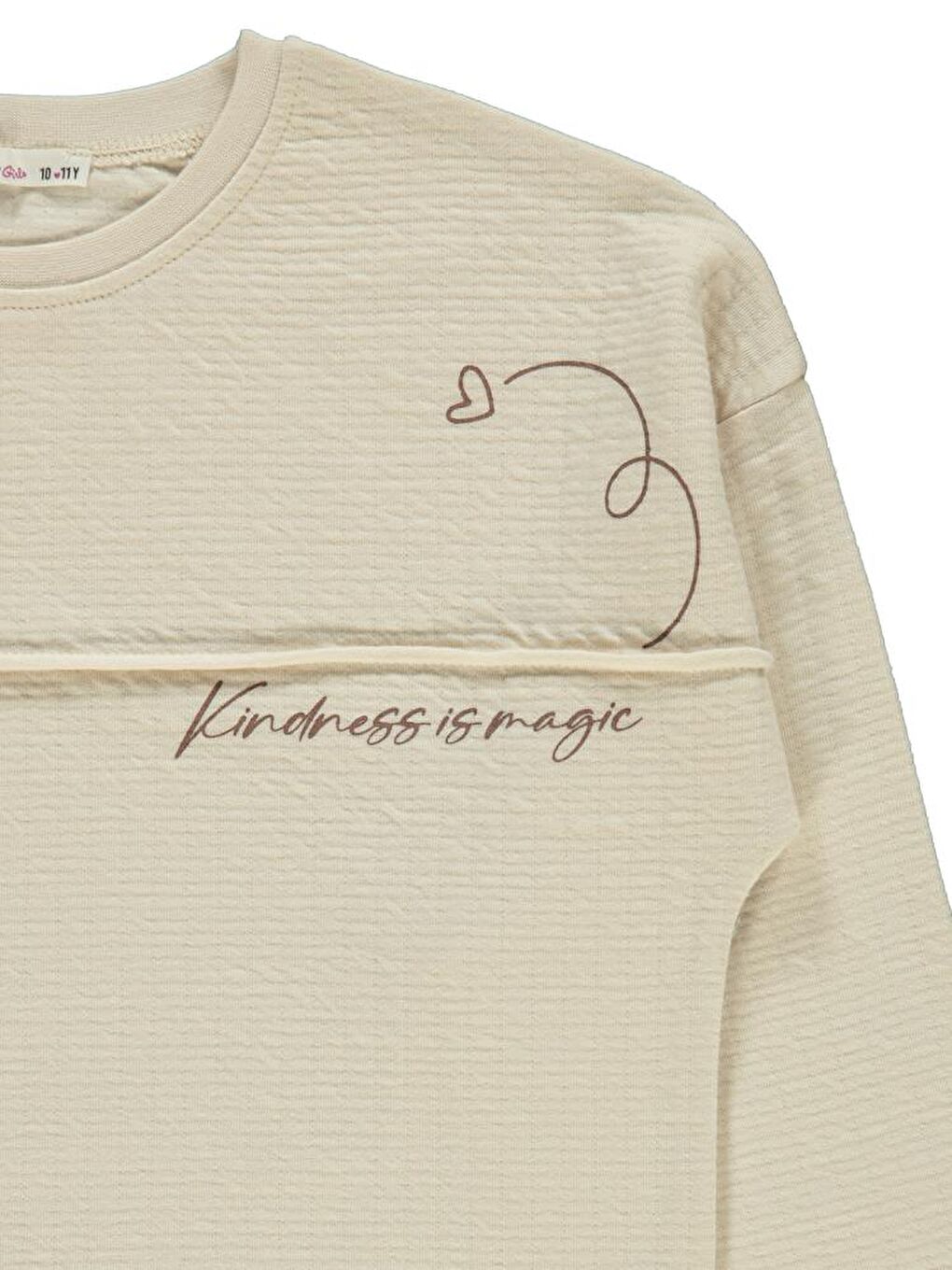 Bej Girls Kalp Baskılı 10-13 Yaş Sweatshirt-1