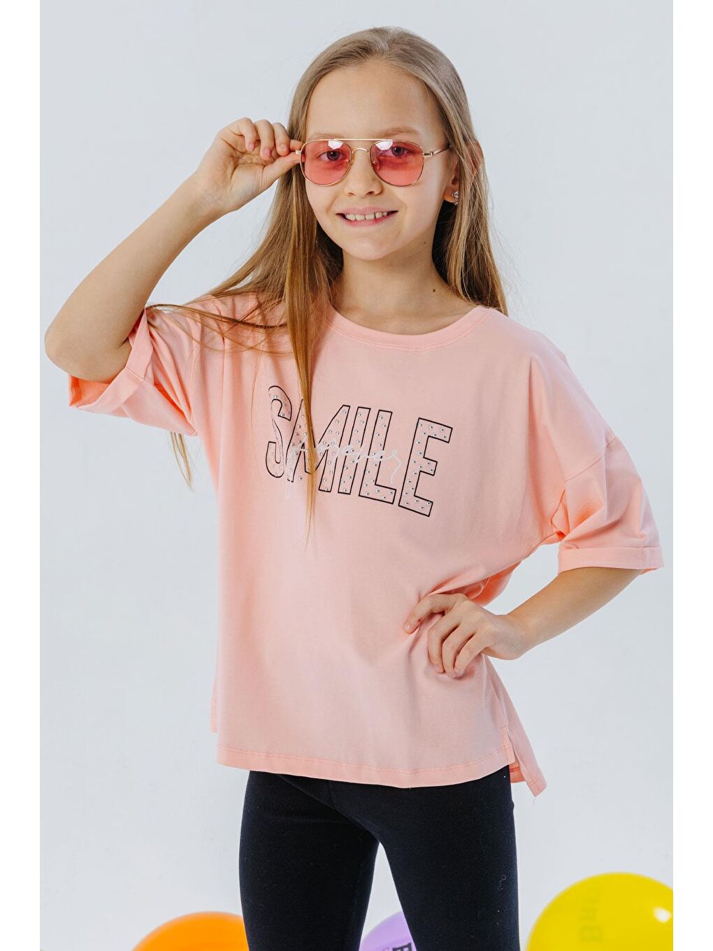 Pembe Kız Çocuk Tişört Smile Yazı Baskılı Taşlı Somon (9-16 Yaş)-6