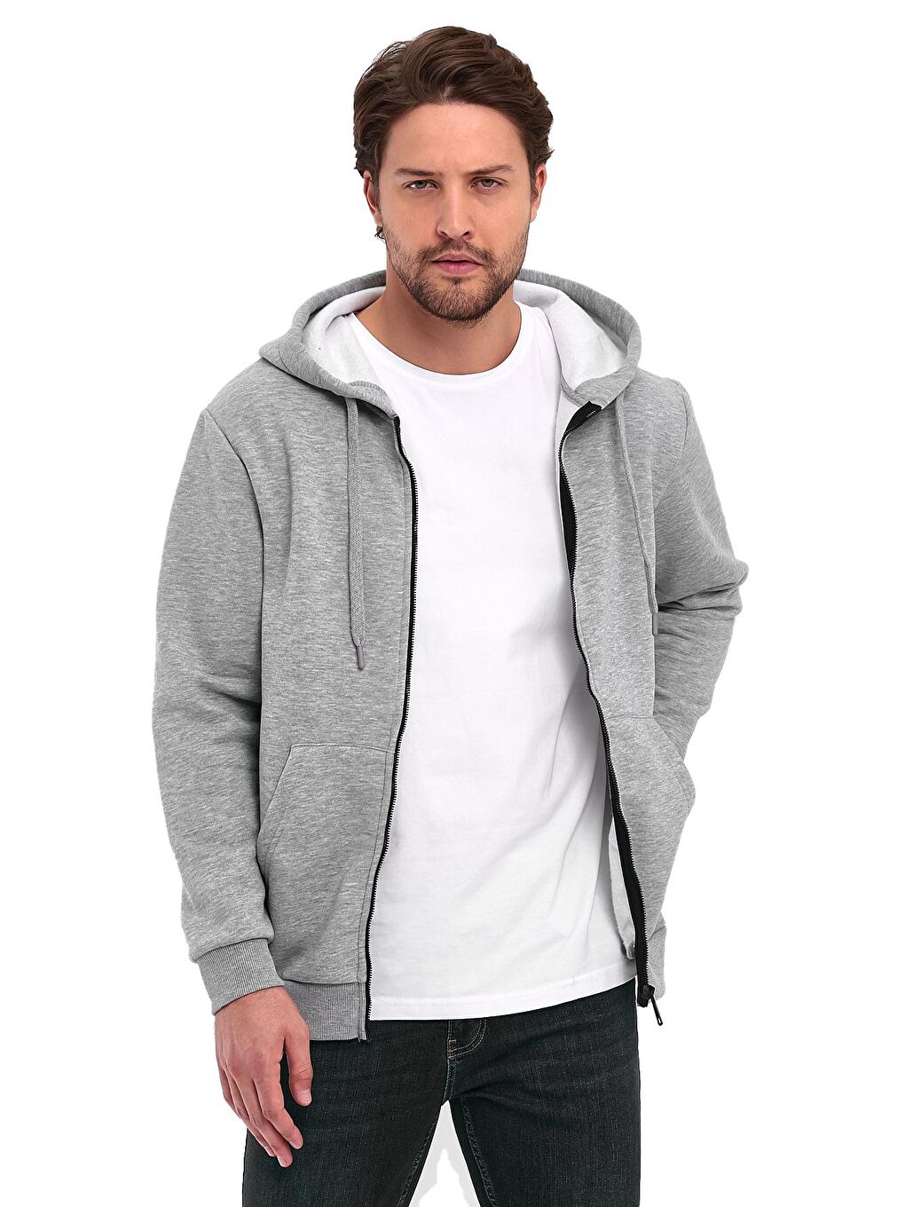 Gri 3 İp Şardonlu  Kapüşonlu Erkek Fermuarlı Sweatshirt Hırka