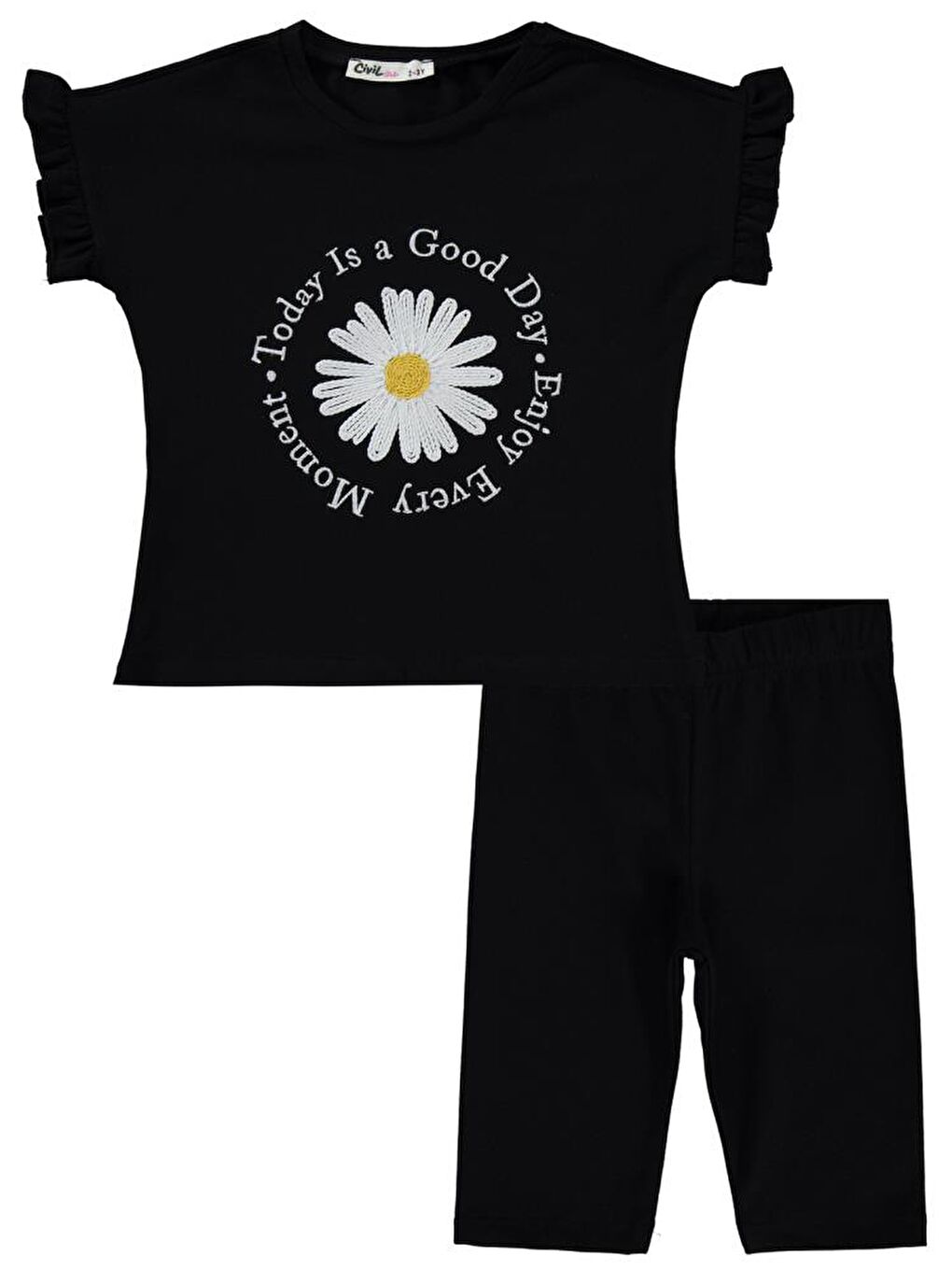Siyah Girls Papatya Nakışlı 2-5 Yaş Takım