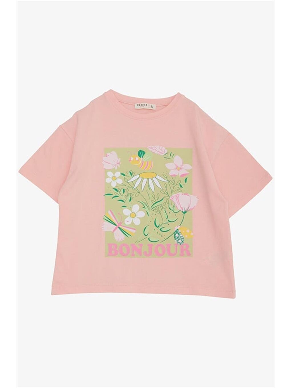 Pembe Kız Çocuk Tişört Crop Doğa Temalı Hayvancık Baskılı Somon (6-12 Yaş)-4