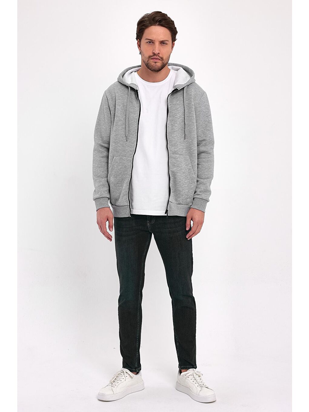 Gri 3 İp Şardonlu  Kapüşonlu Erkek Fermuarlı Sweatshirt Hırka-1