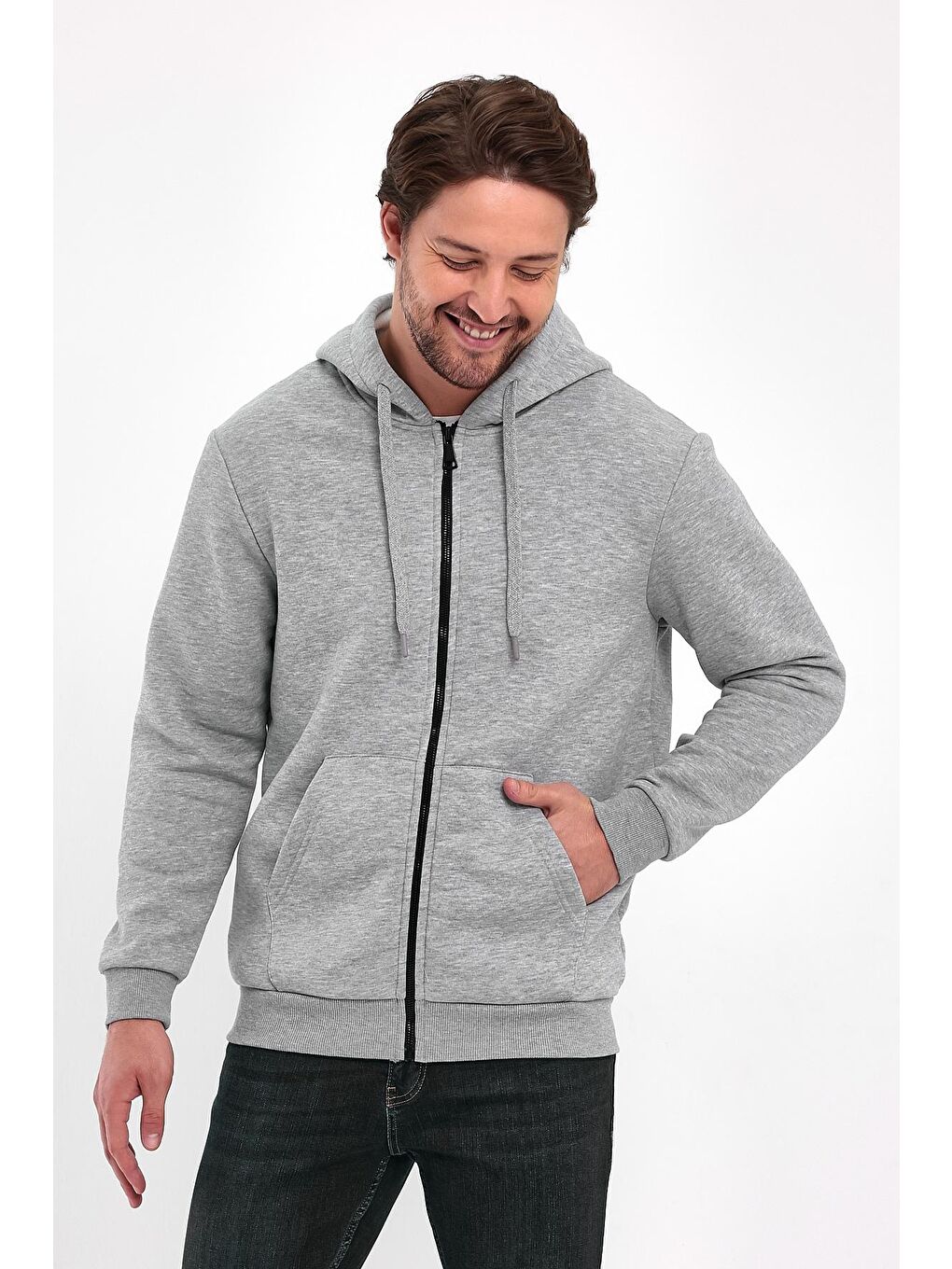 Gri 3 İp Şardonlu  Kapüşonlu Erkek Fermuarlı Sweatshirt Hırka-3