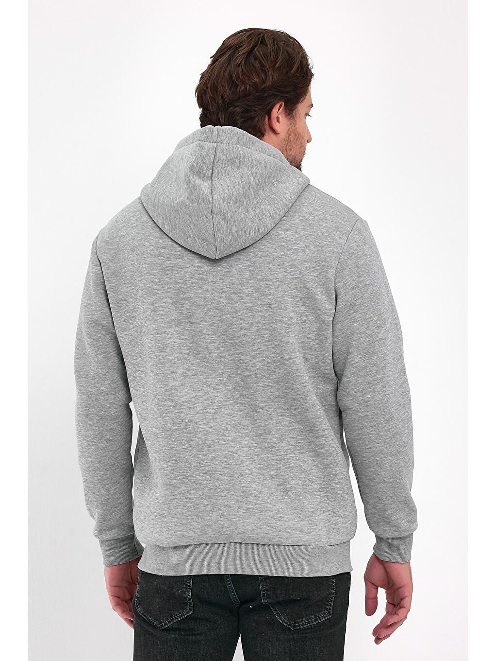 Gri 3 İp Şardonlu  Kapüşonlu Erkek Fermuarlı Sweatshirt Hırka-4