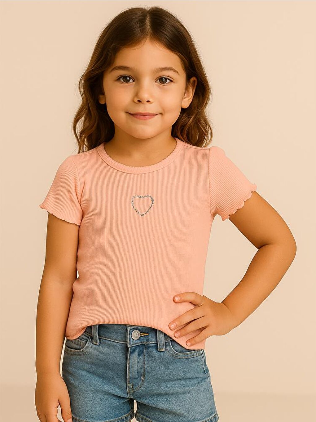 Pembe Girls Kalp Baskılı 6-9 Yaş Tişört