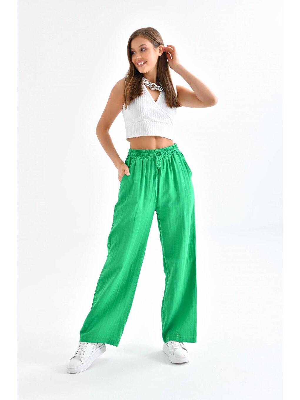 Bol Paça Kadın Yeşil Pantolon-4