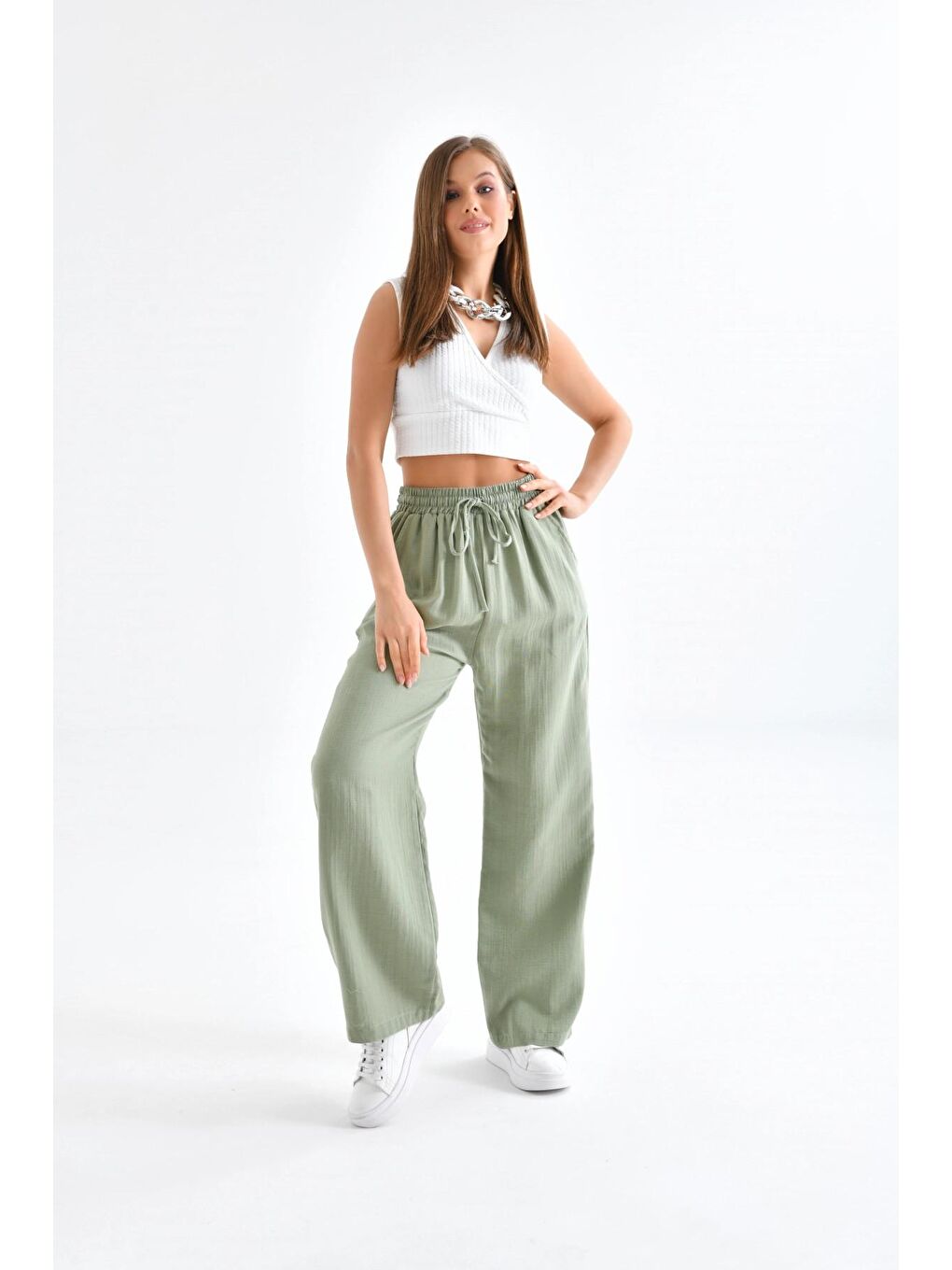 Kadın Bol Paça Haki Renk Pantolon