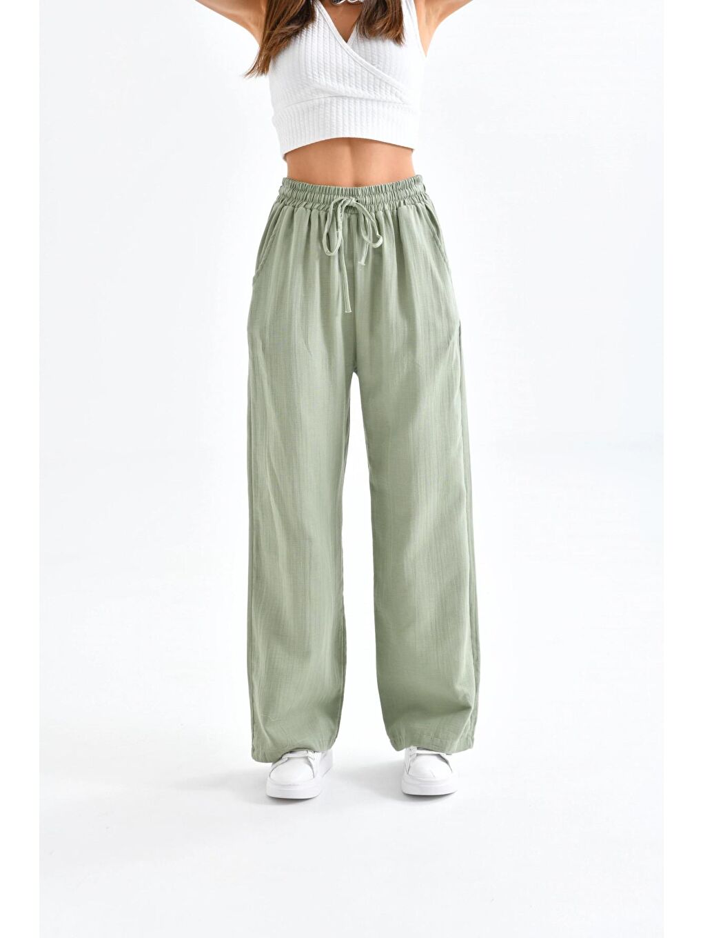 Kadın Bol Paça Haki Renk Pantolon-1