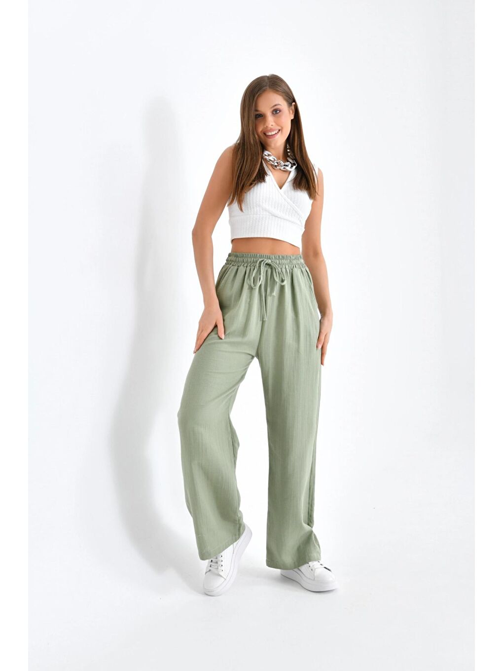 Kadın Bol Paça Haki Renk Pantolon-2