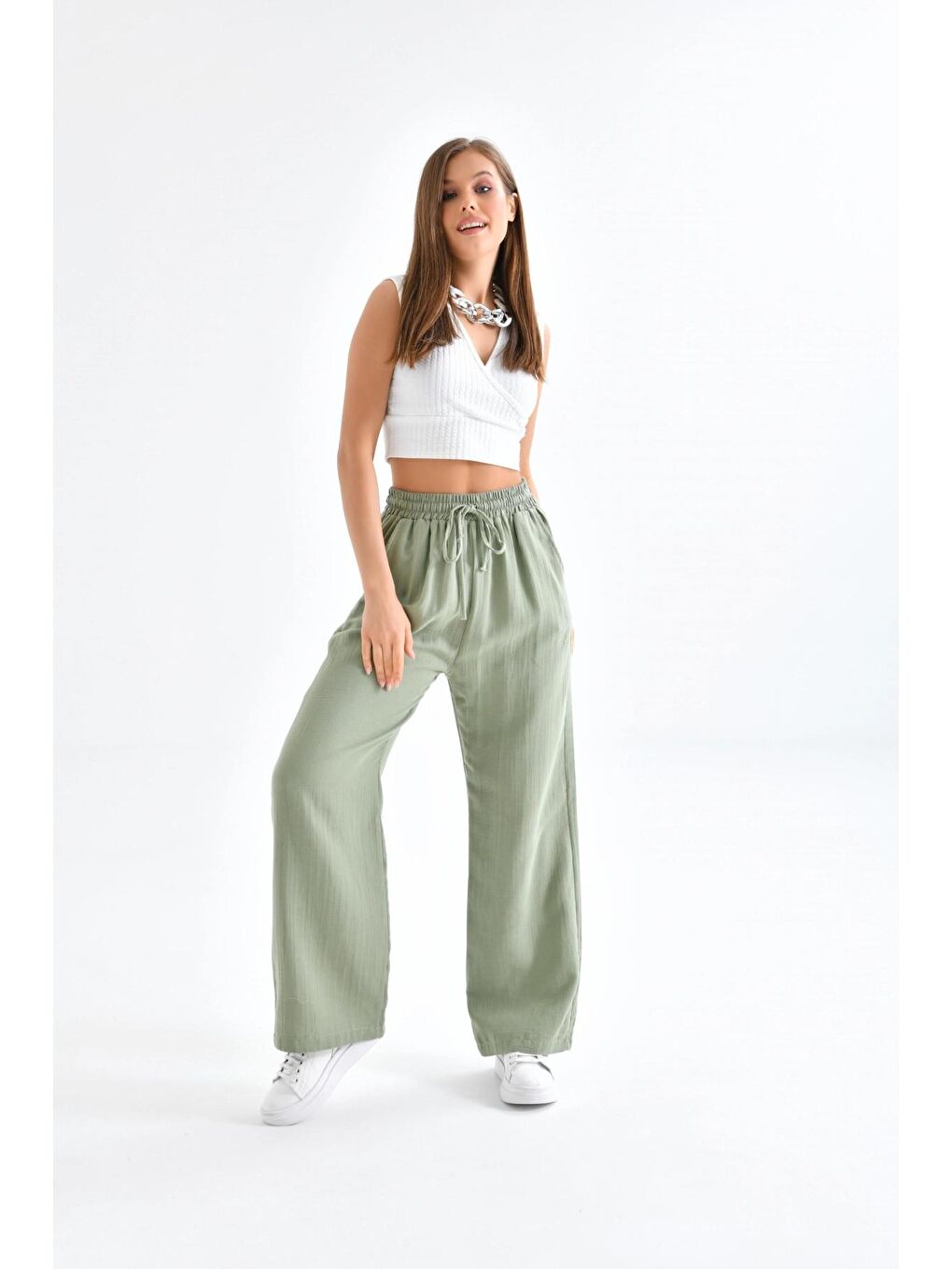 Kadın Bol Paça Haki Renk Pantolon-3