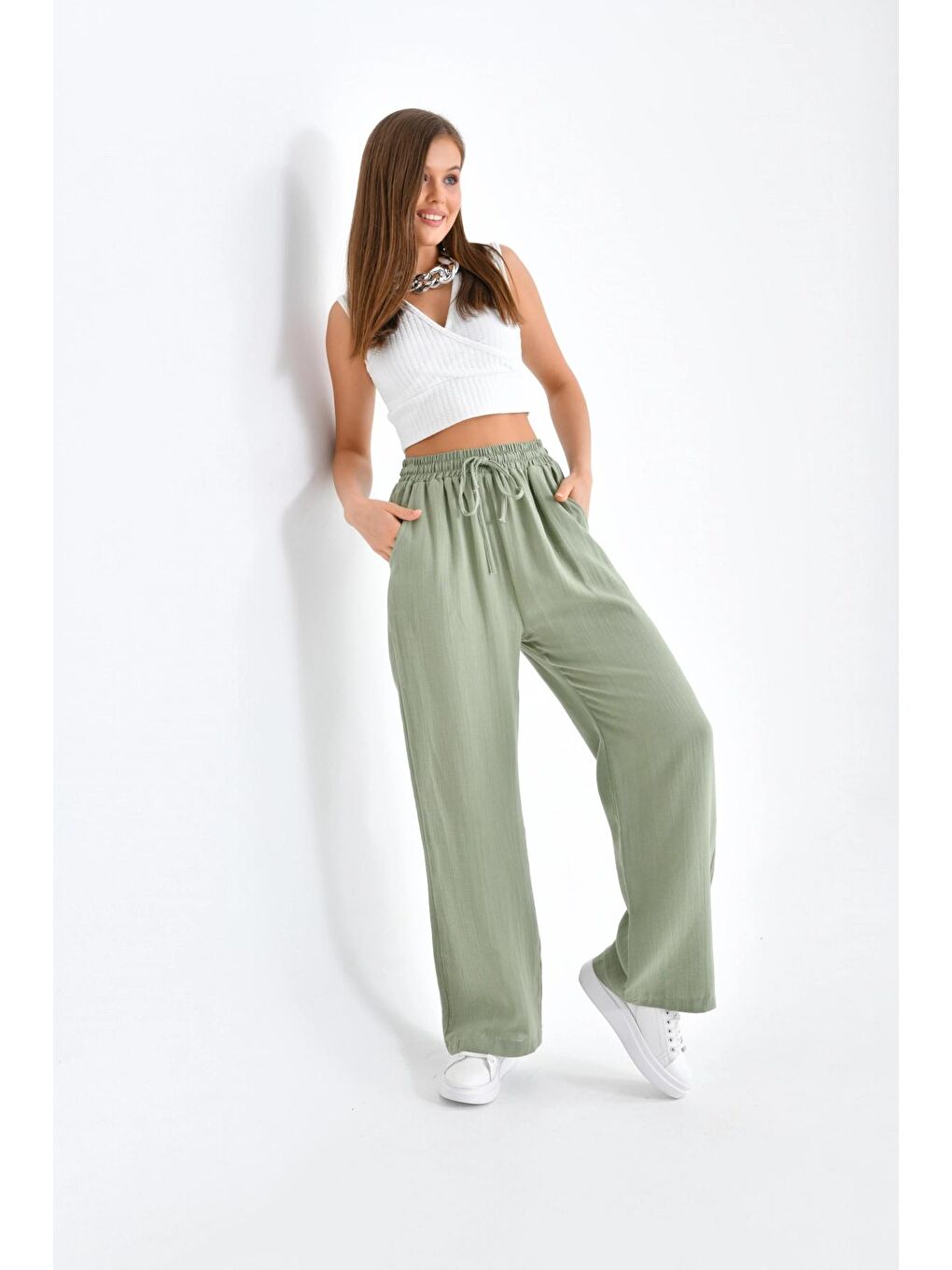 Kadın Bol Paça Haki Renk Pantolon-4