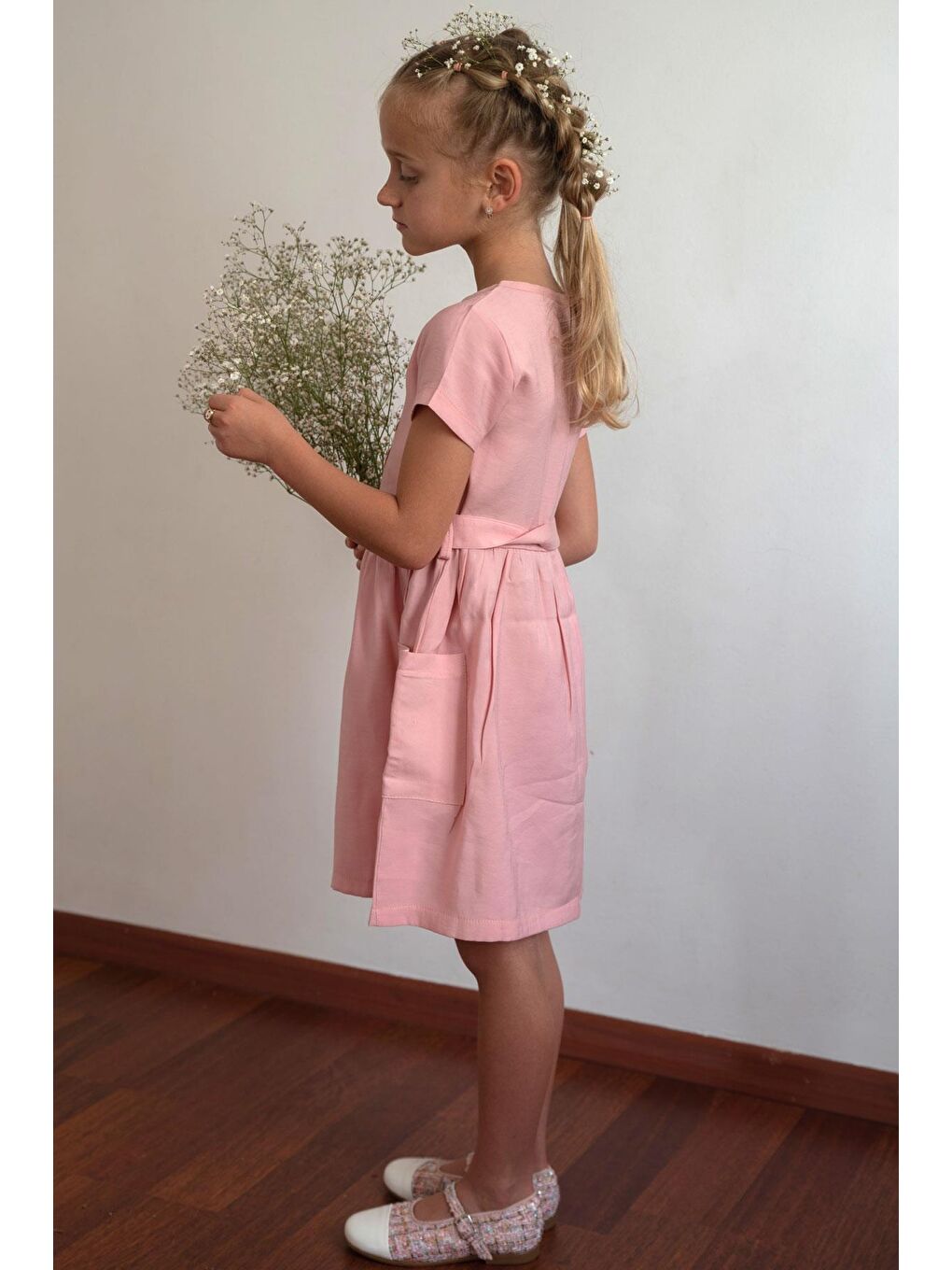 Kız Çocuk Keten Elbise Düğmeli Yanları Cepli Pembe (6-12 Yaş)-1