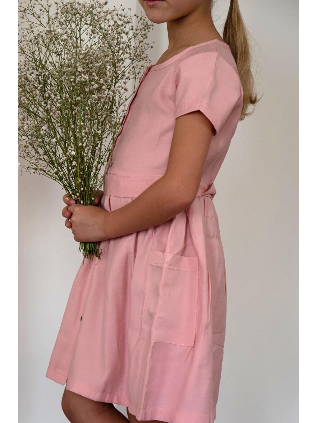 Kız Çocuk Keten Elbise Düğmeli Yanları Cepli Pembe (6-12 Yaş)-2