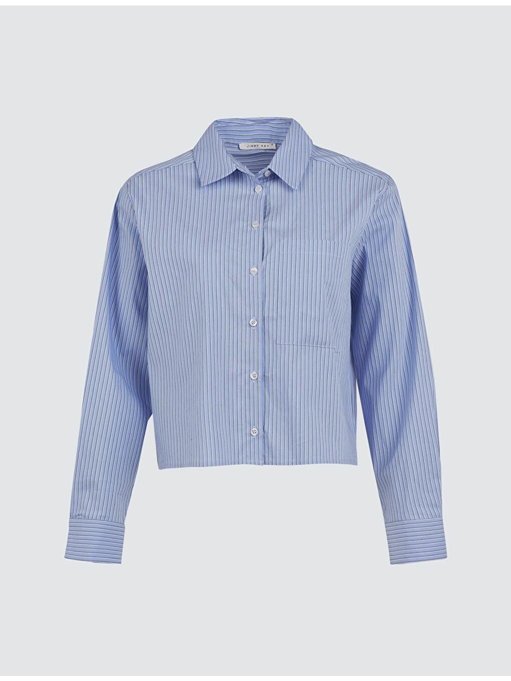 Açık Mavi Uzun Kollu Çizgili Kısa Gömlek-6