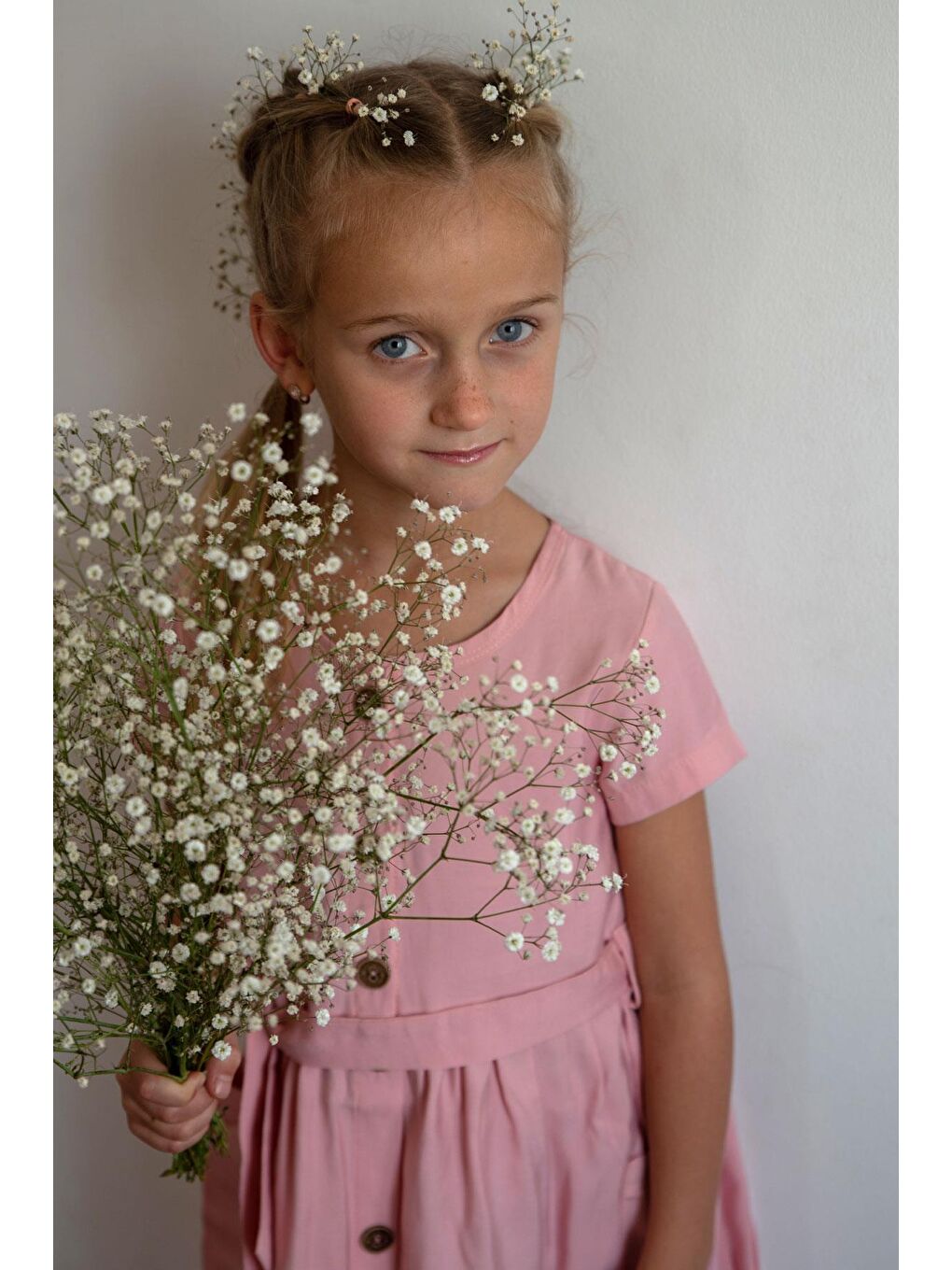 Kız Çocuk Keten Elbise Düğmeli Yanları Cepli Pembe (6-12 Yaş)-3