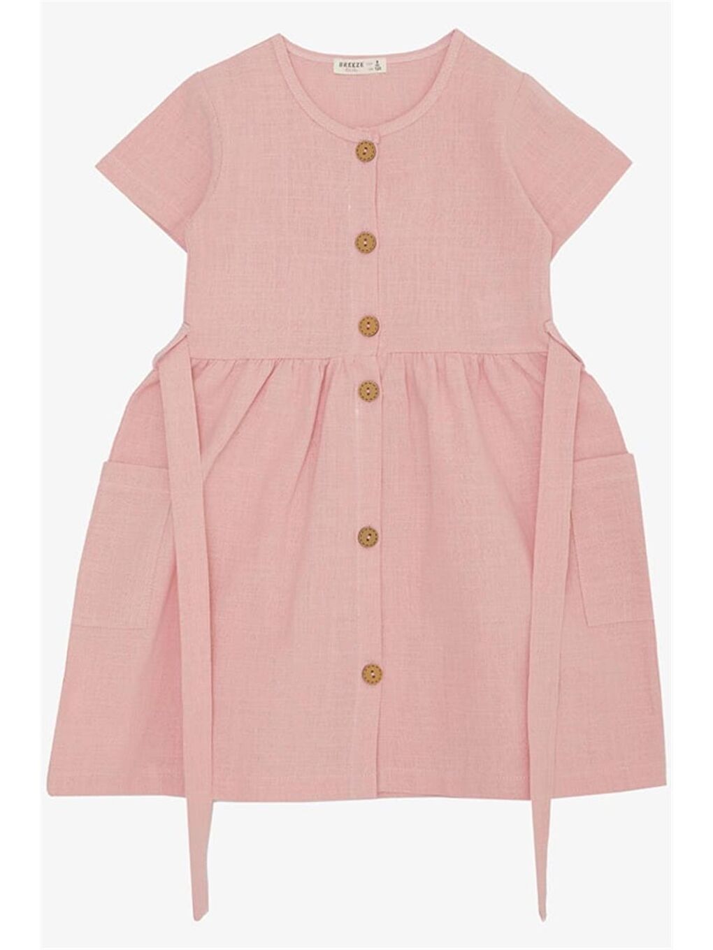 Kız Çocuk Keten Elbise Düğmeli Yanları Cepli Pembe (6-12 Yaş)-4