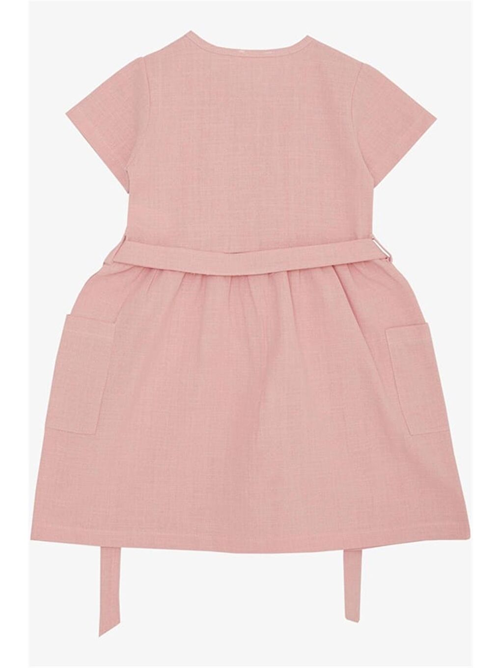Kız Çocuk Keten Elbise Düğmeli Yanları Cepli Pembe (6-12 Yaş)-5