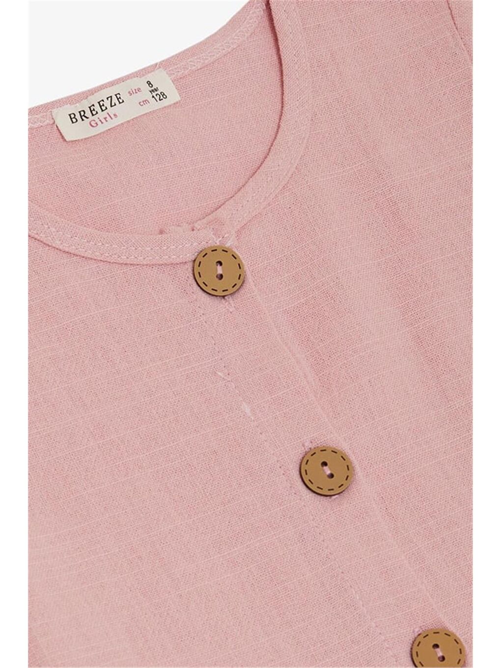 Kız Çocuk Keten Elbise Düğmeli Yanları Cepli Pembe (6-12 Yaş)-6