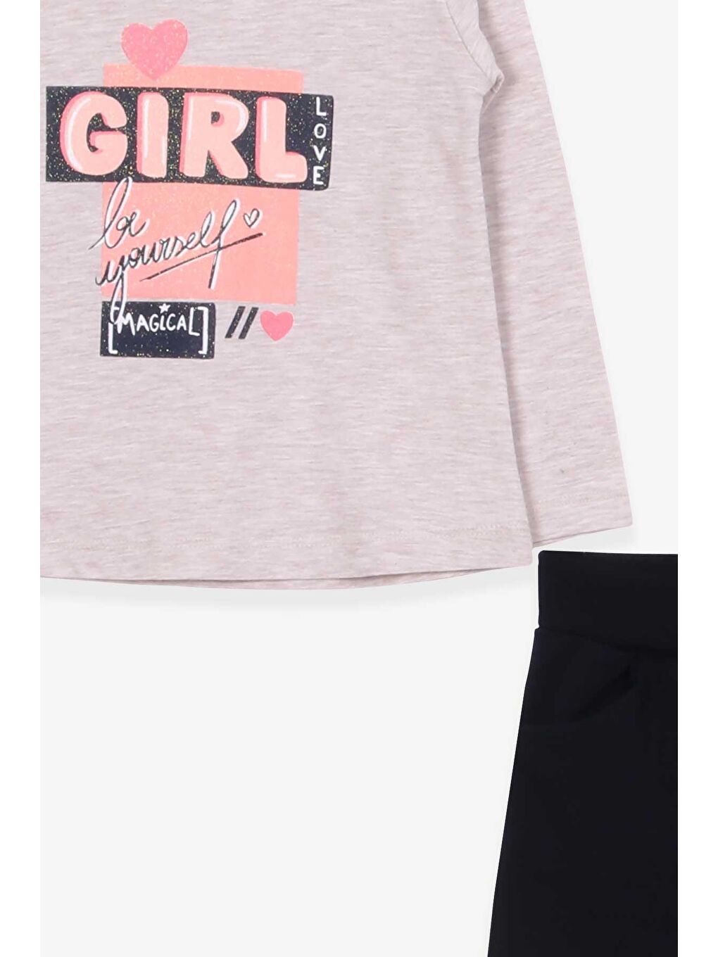 Kız Çocuk Taytlı Takım Simli Yazı Baskılı Bej Melanj (3-8 Yaş)-1