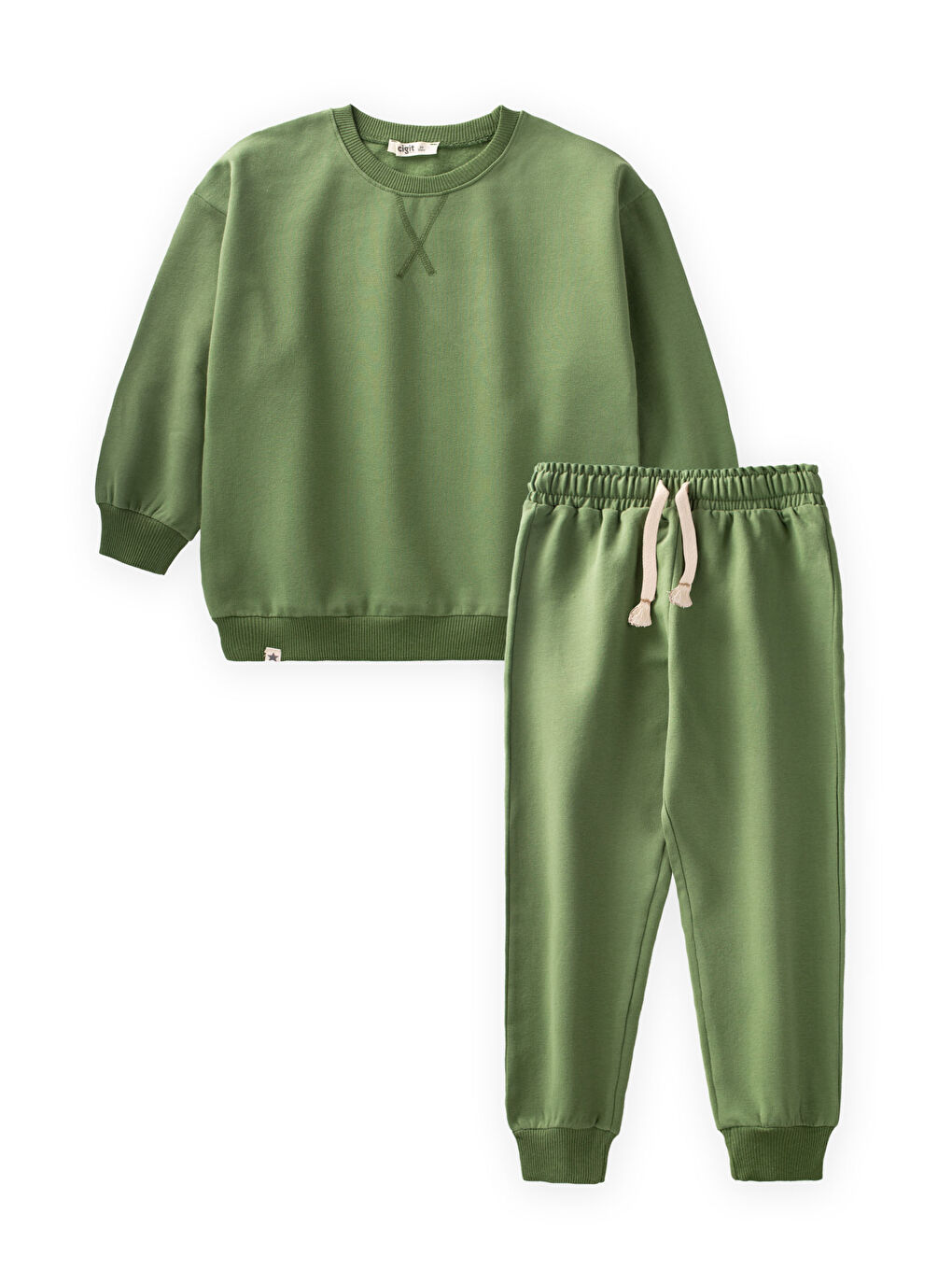 Yeşil Basıc Karyoka Detaylı Sweatshirt Takım 3-8 Yaş yağ yeşili