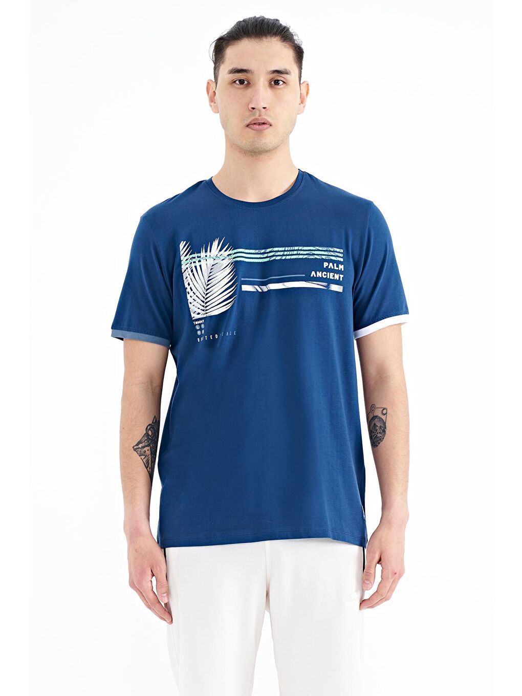 İndigo Yazı Desen Baskılı O Yaka Standart Kalıp Erkek Tişört - 88183