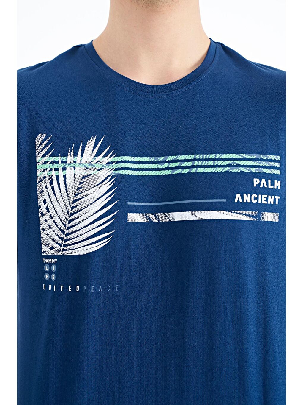 İndigo Yazı Desen Baskılı O Yaka Standart Kalıp Erkek Tişört - 88183-2