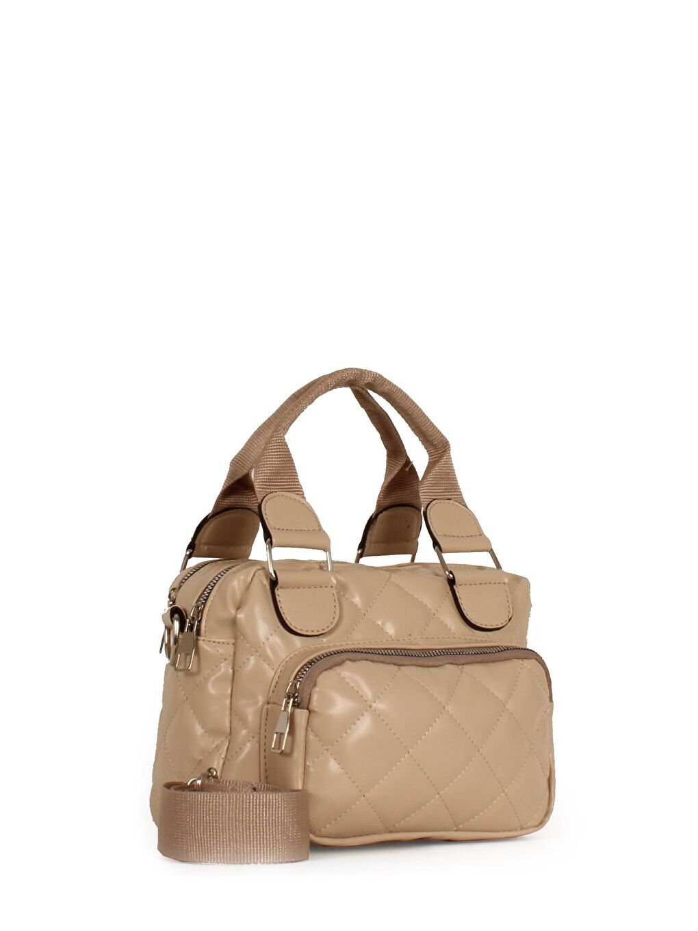 Bej Kadın Kapitoneli Üç Bölmeli El ve Omuz Çantası (10457)-1
