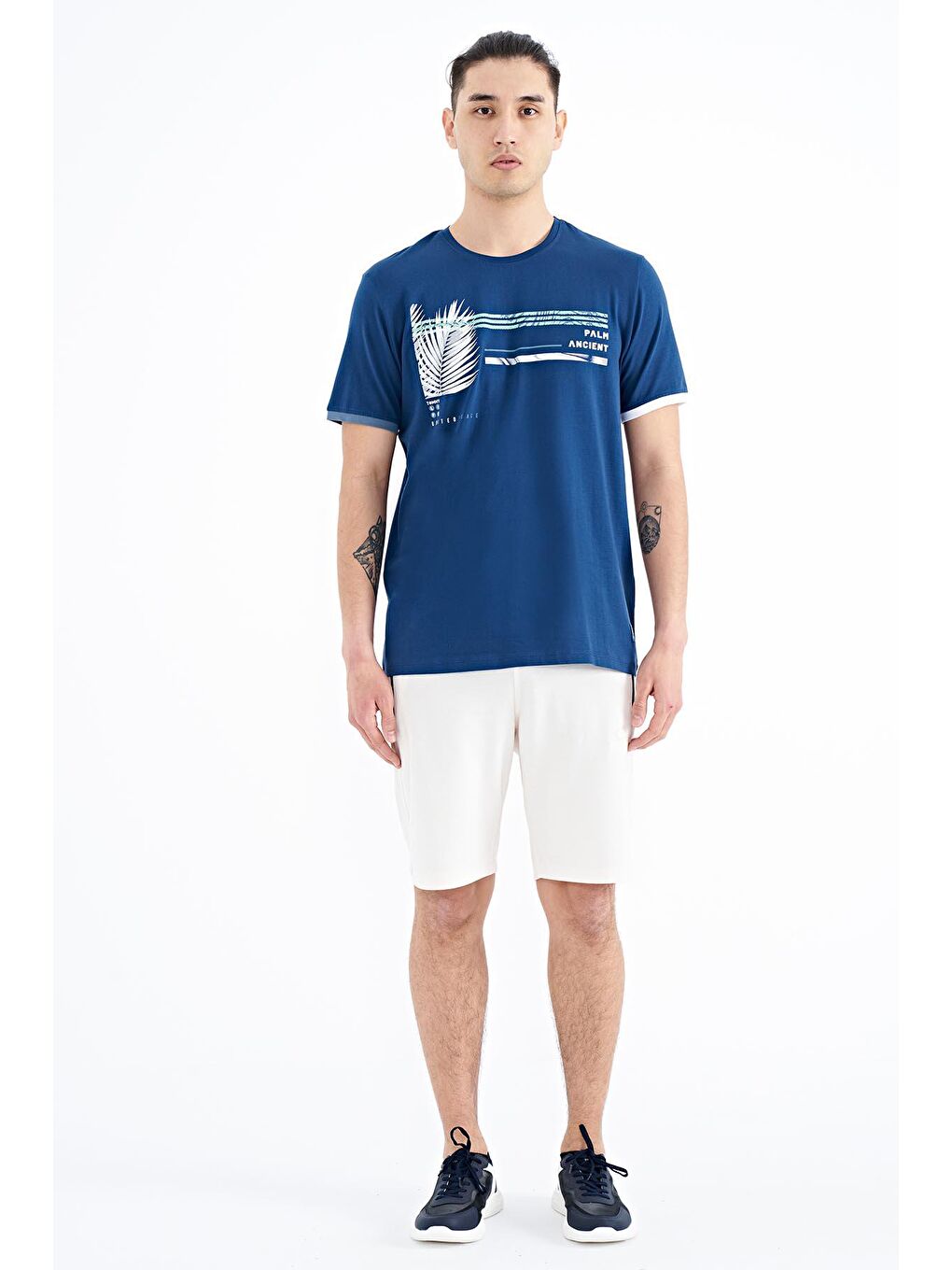 İndigo Yazı Desen Baskılı O Yaka Standart Kalıp Erkek Tişört - 88183-4