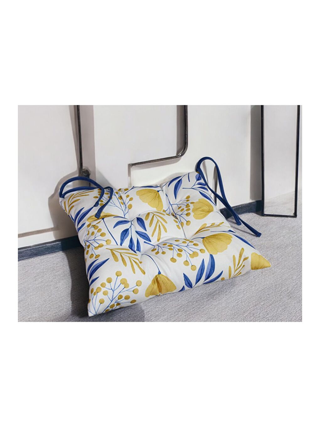 Lacivert Dijital Baskı Pofidik Sandalye Minderi Özel Dikişli Bağcıklı 40x40 Cm-2