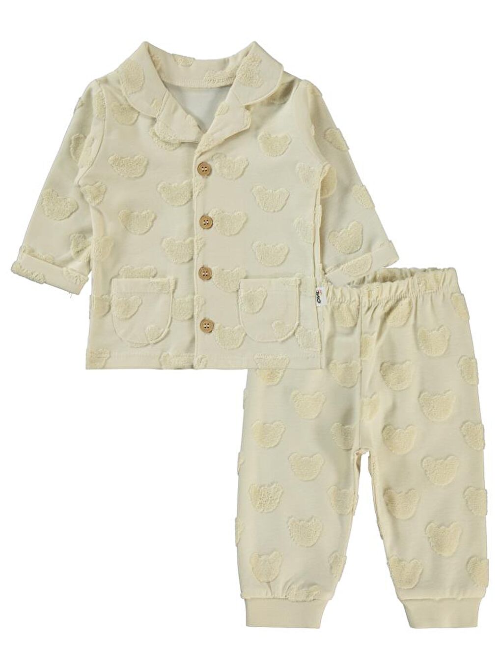 Bej Baby Kabartmalı Ayıcık Baskılı 6-18 Ay Takım-1